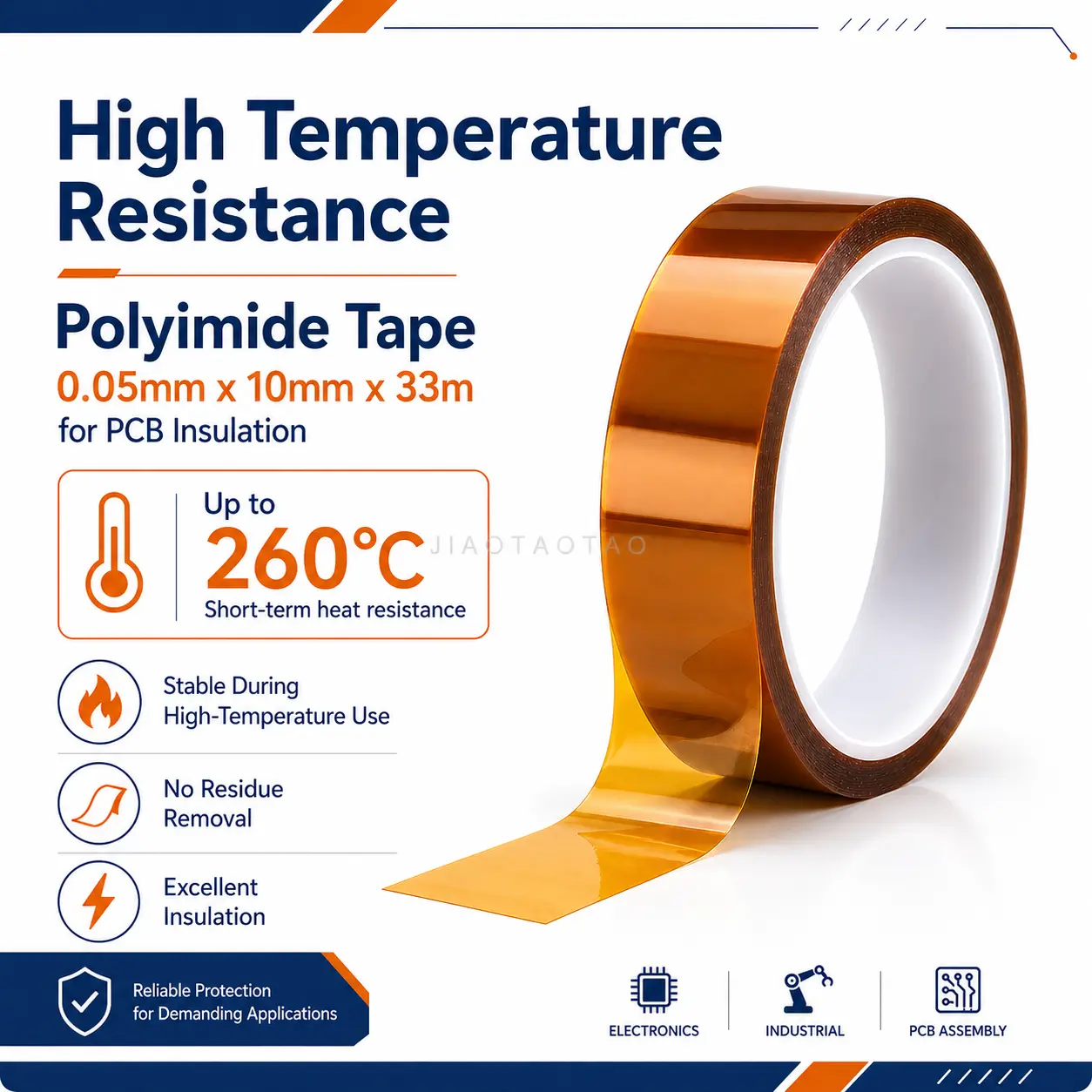 10mm polyimide tape for PCB insulation, solder masking, and fine circuit protection.